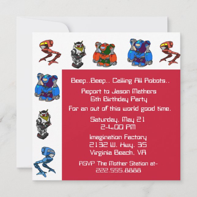 Colorful Robot Birthday Party Invitation (Front)
