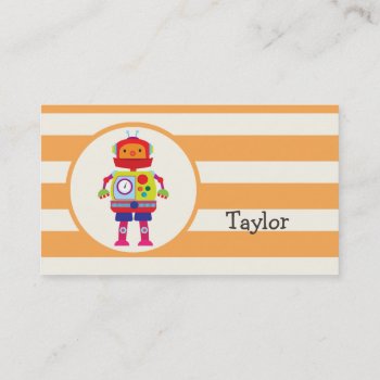 Colorful Robot On Orange Stripes Business Card by Birthday_Party_House at Zazzle