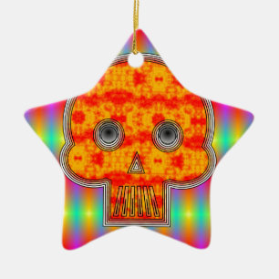 Colorful Robot Skull On Rainbow Background Ceramic Ornament