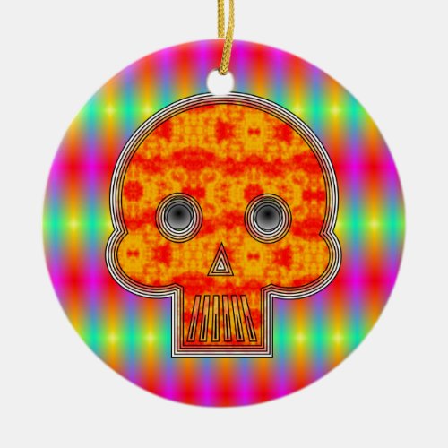 Colorful Robot Skull On Rainbow Background Ceramic Ornament