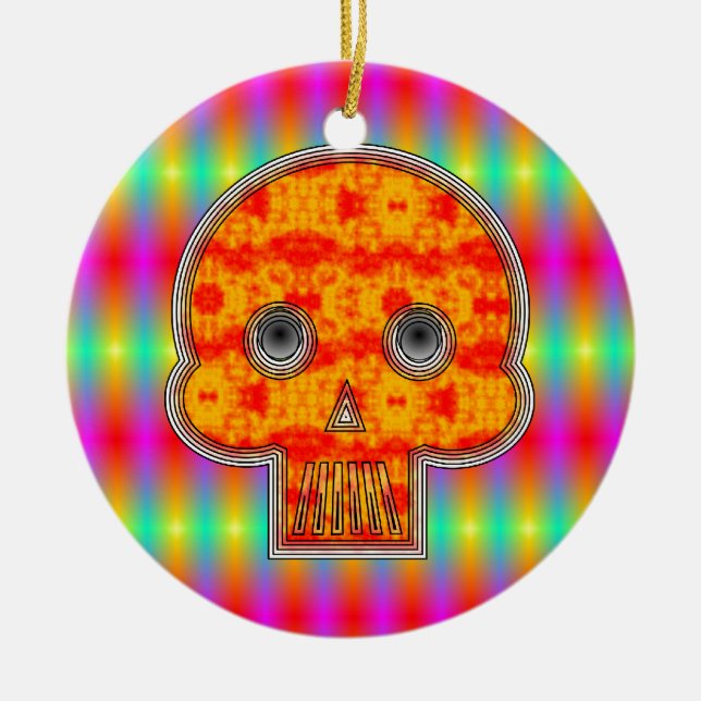 Colorful Robot Skull On Rainbow Background Ceramic Ornament (Front)