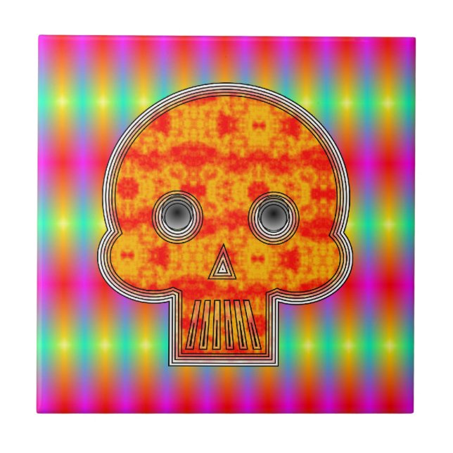Colorful Robot Skull On Rainbow Background Ceramic Tile (Front)