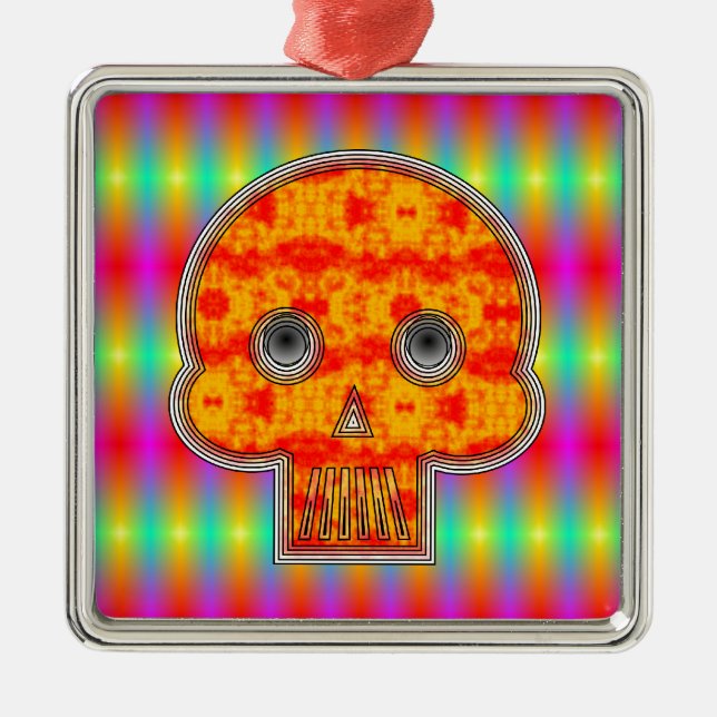 Colorful Robot Skull On Rainbow Background Metal Ornament (Front)