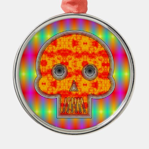 Colorful Robot Skull On Rainbow Background Metal Ornament