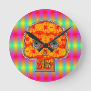 Colorful Robot Skull On Rainbow Background Round Clock