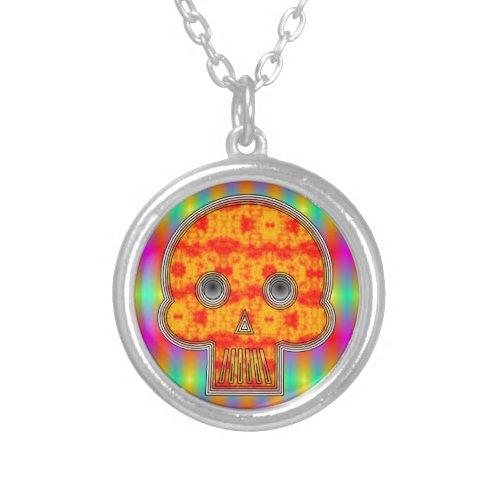 Colorful Robot Skull On Rainbow Background Silver Plated Necklace
