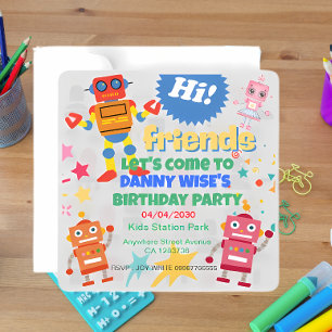 Colorful robot-themed birthday party invitation