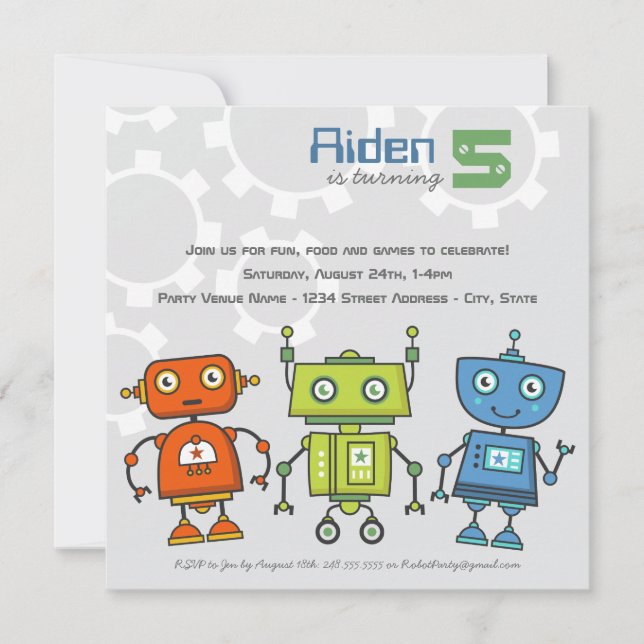 Colorful Robots Boy Birthday Party Invitation (Front)