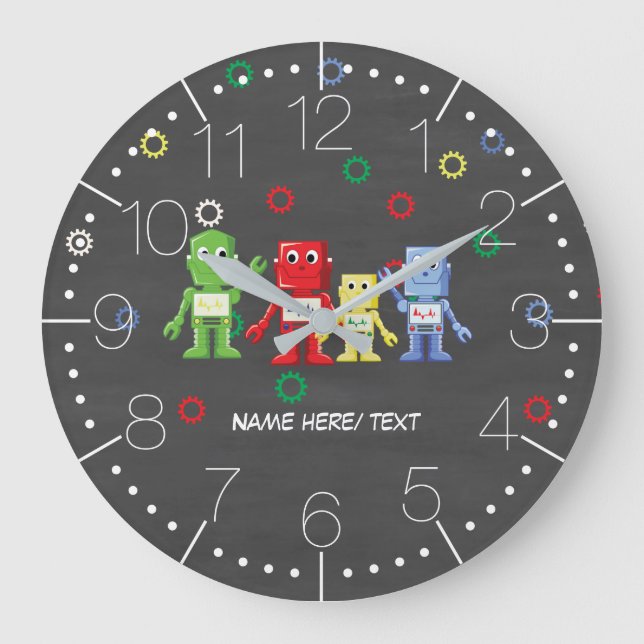 Colorful robots illustration large clock (Front)