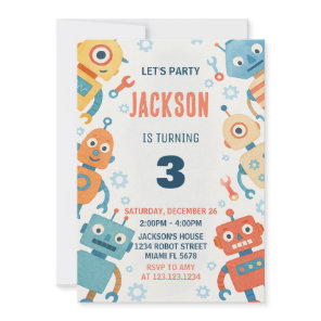 Colorful Robots Kids Birthday Invitation