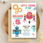 Colorful Robots Kids Birthday Party Invitation<br><div class="desc">Amaze your guests with this colorful birthday party invitation featuring cute little robots with vibrant typography against a white background. Simply add your event details on this easy-to-use template to make it a one-of-a-kind invitation. Flip the card over to reveal an elegant colorful stripes pattern on the back of the...</div>