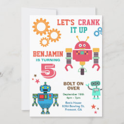 Colorful Robots Kids Birthday Party Invitation | Zazzle