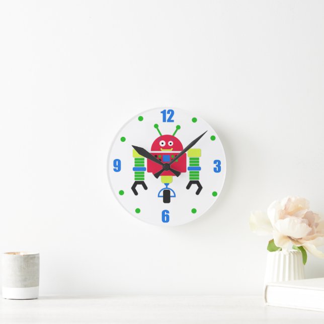 Colorful Robots Kids Personalized Round Clock (Home)