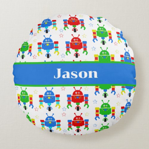 Colorful Robots Kids Personalized Round Pillow