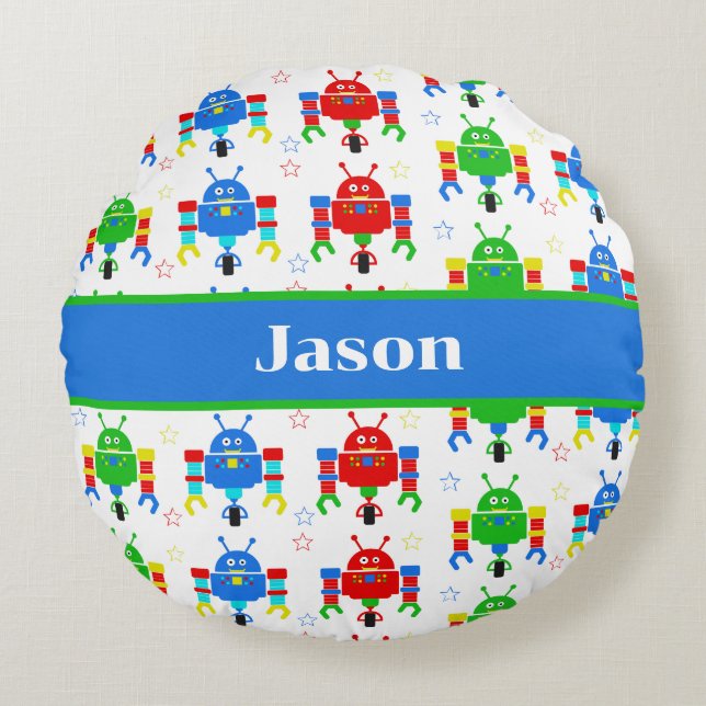 Colorful Robots Kids Personalized Round Pillow (Front)