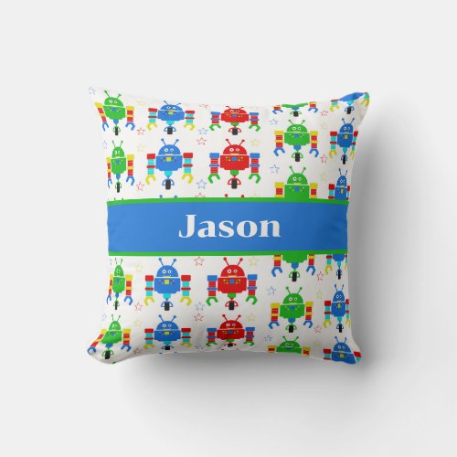 Colorful Robots Kids Personalized Throw Pillow