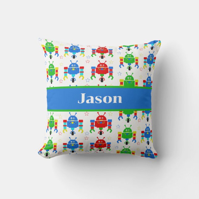 Colorful Robots Kids Personalized Throw Pillow (Front)