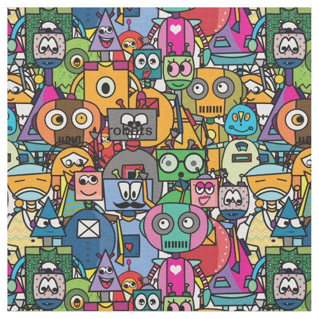 Colorful robots - pattern for all robot fans fabric (Close Up)
