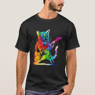 Colorful Rock Cat Playing Guitar Funny Guitar T-Shirt