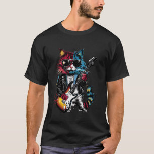 Colorful Rock Cat Playing Guitar T-Shirt