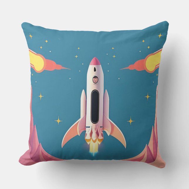 Colorful Rocket Launch in Vibrant Cartoon Throw Pillow (Front)