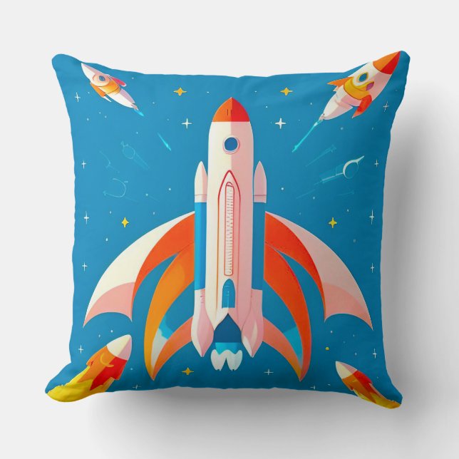 Colorful Rocket Launch in Vibrant Cartoon Throw Pillow (Front)