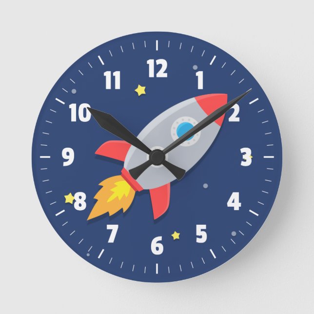 Colorful Rocket Ship, Outer Space, For Kids Room Round Clock (Front)