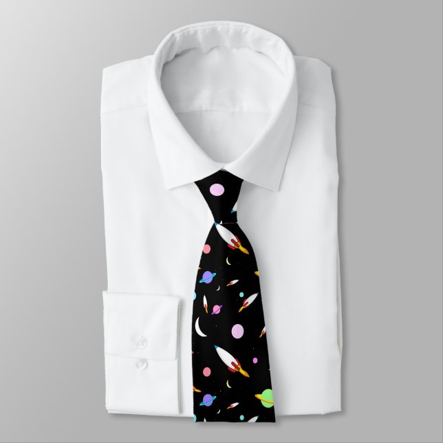 Colorful Rockets Planets Moons Stars Outer Space Neck Tie (Tied)
