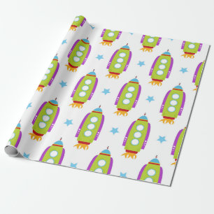  Colorful Rockets with Circular Windows and Stars Wrapping Paper