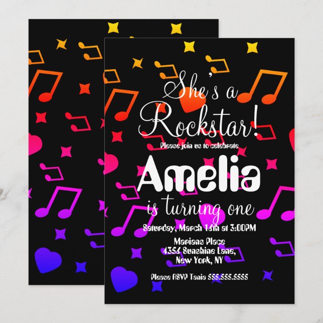 Colorful Rockstar Guitar Star Rock Birthday  Invitation (Front/Back)
