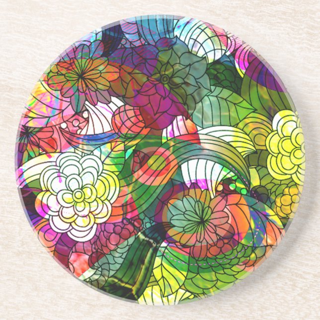 Colorful Romantic Floral Collage Sandstone Coaster (Front)