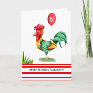 Colorful Rooster and Balloon Personalized Birthday Card