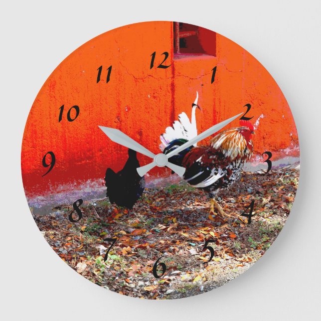 Colorful Rooster and Hen Large Clock (Front)