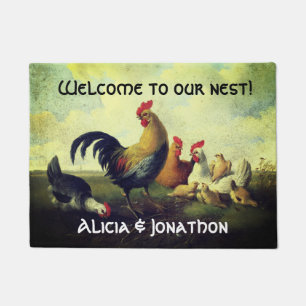 Colorful Rooster and Hens "Welcome to our Nest" Doormat