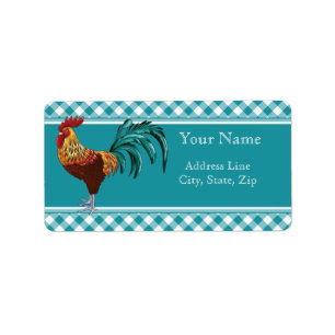 Colorful Rooster and Teal Gingham Label