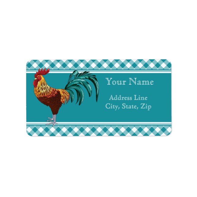 Colorful Rooster and Teal Gingham Label (Front)
