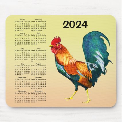 Colorful Rooster Bird 2024 Calendar Mousepad