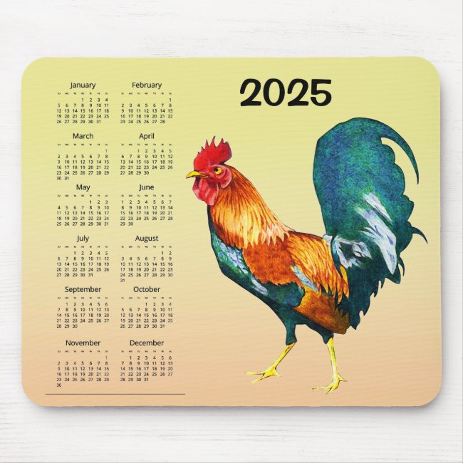 Colorful Rooster Bird 2025 Calendar Mousepad