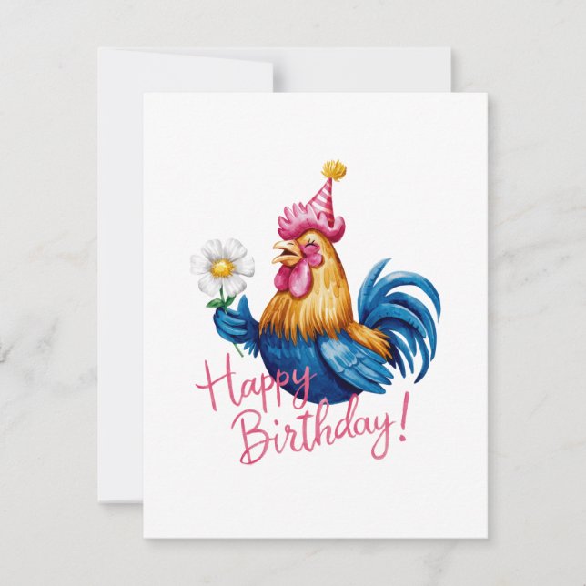 Colorful Rooster Birthday Design with Daisy Holiday Card (Front)