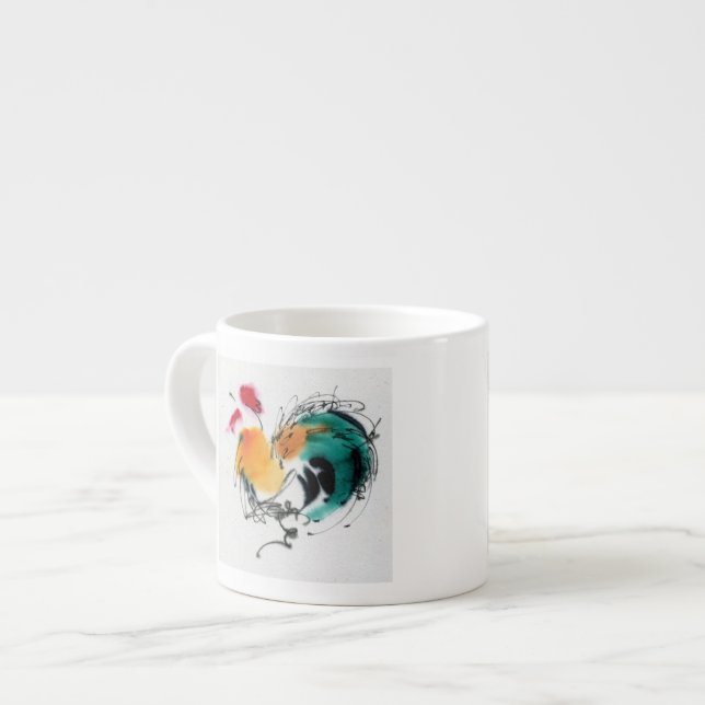 Colorful Rooster. Calligraphy and watercolor. Espresso Cup (Front Left)