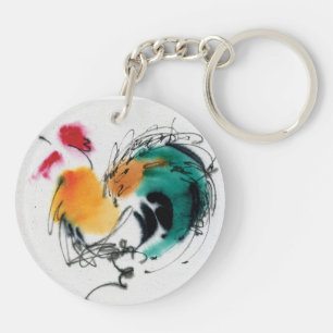 Colorful Rooster. Calligraphy and watercolor. Keychain