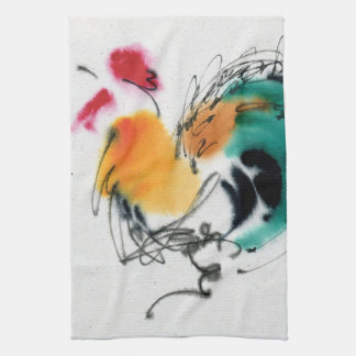 Colorful Rooster. Calligraphy and watercolor. Kitchen Towel