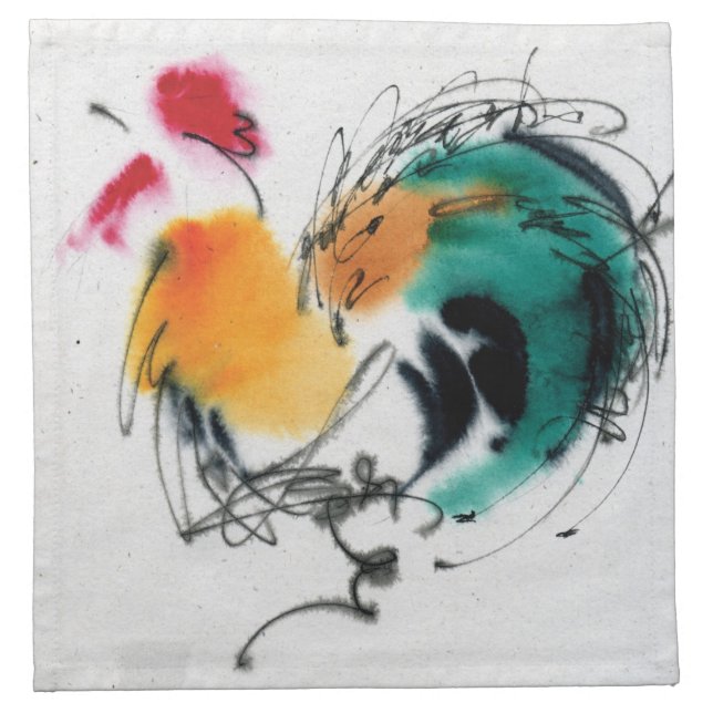 Colorful Rooster. Calligraphy and watercolor. Napkin (Front)