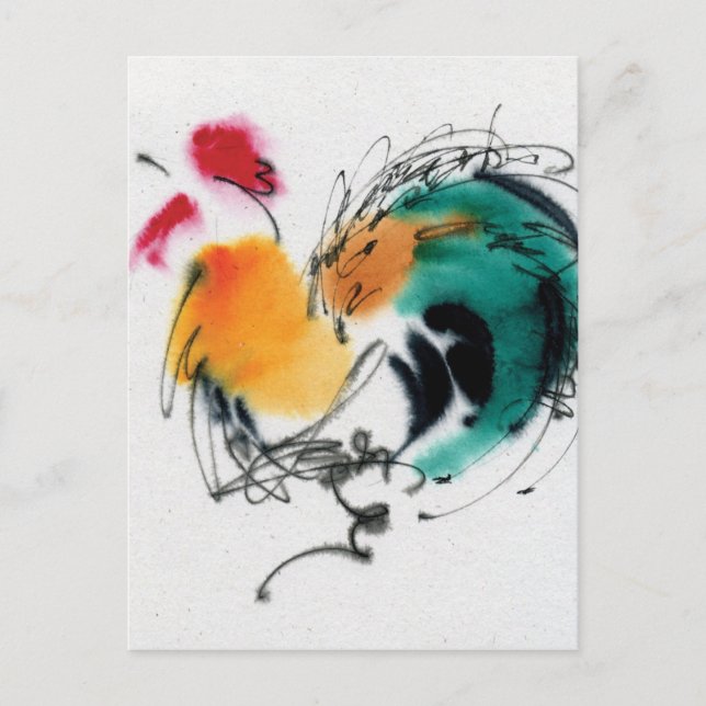 Colorful Rooster. Calligraphy and watercolor. Postcard (Front)