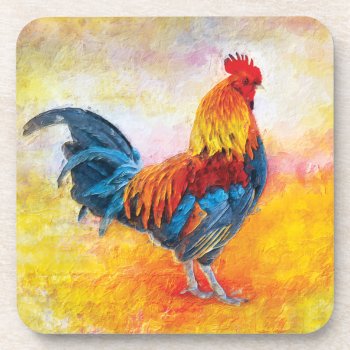 Colorful Rooster Digital Art Painting Beverage Coaster by ironydesignphotos at Zazzle