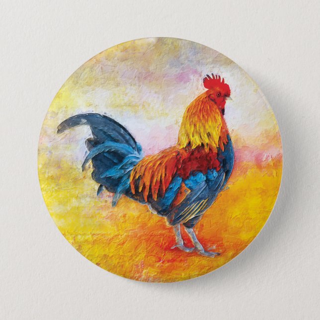 Colorful Rooster Digital Art Painting Button (Front)