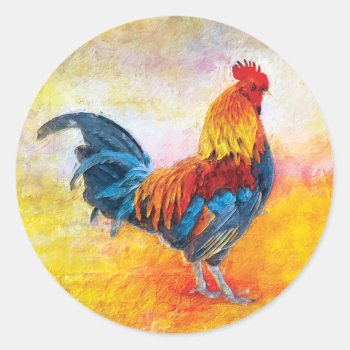 Colorful Rooster Digital Art Painting Classic Round Sticker by ironydesignphotos at Zazzle