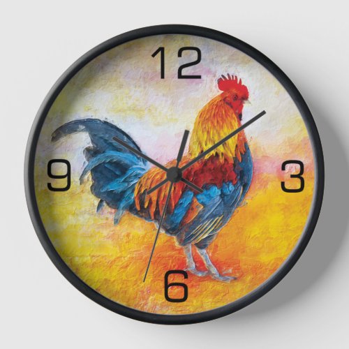 Colorful Rooster Digital Art Painting Clock