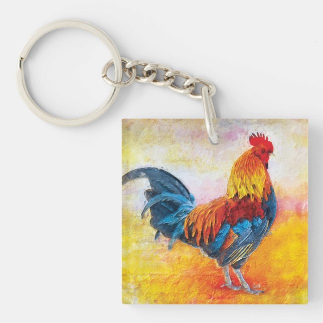 Colorful Rooster Digital Art Painting Keychain (Front)