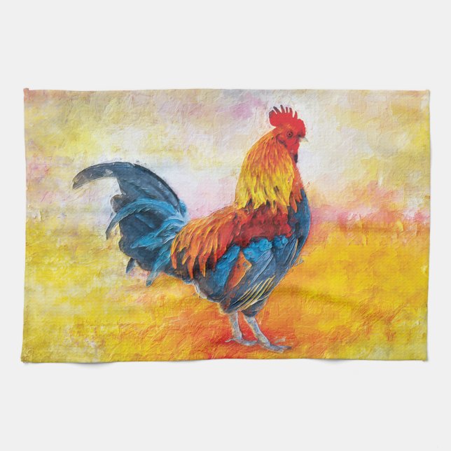 Colorful Rooster Digital Art Painting Kitchen Towel (Horizontal)